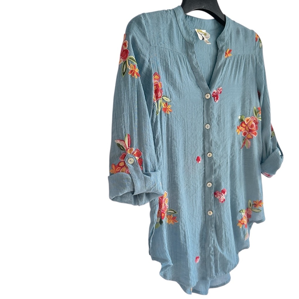 Fig and Flower Embroidered Blouse Anthropologie S Boho Tunic Top Blue